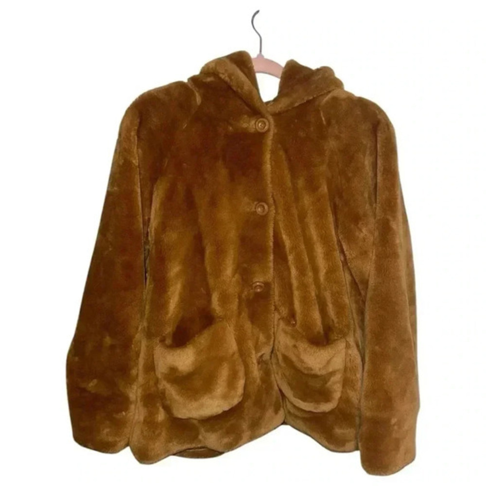 Vintage GAP Faux Fur Hooded Coat L/XL -‎ Camel Brown Button-Up Jacket